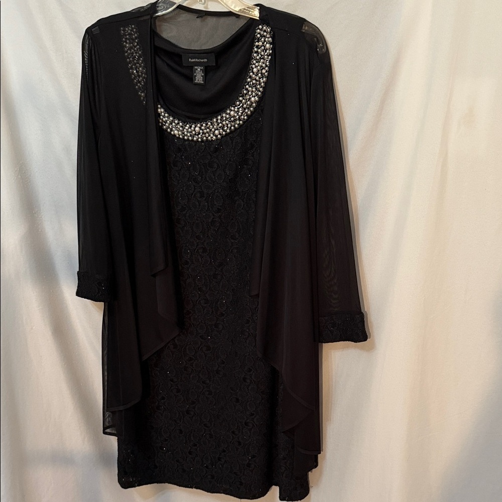 R&M Richards Womens 2 pc Black Dress with Embellished Neckline w Jacket Size 16